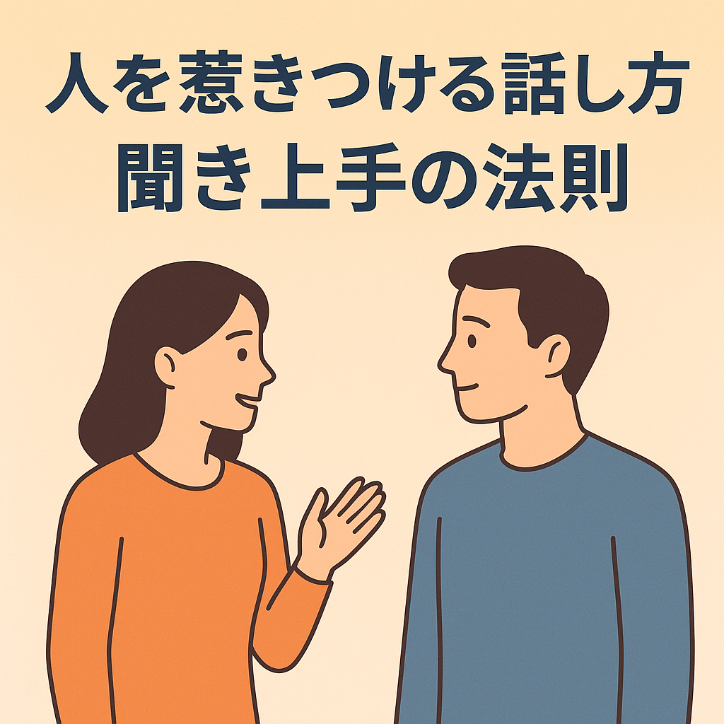 人を惹きつける話し方を学ぶ男女のイラスト。聞き上手のコミュニケーションを示す温かいデザイン。